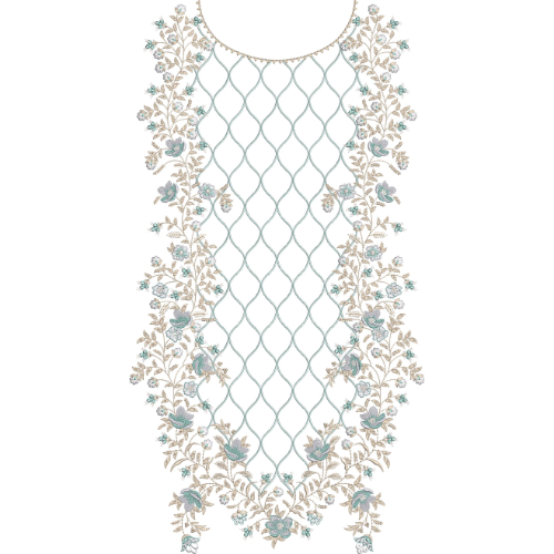 Elegant Floral U-Neckline Embroidery Design with Decorative Lattice Pattern