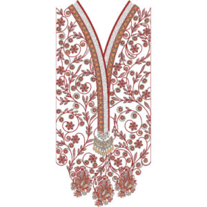 Elegant V-Neck Floral Vine Embroidery Design with Traditional Ornamental Border
