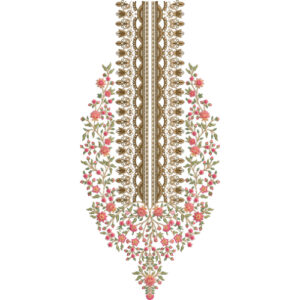 Elegant Floral Vine Neckline Embroidery Design with Ornamental Ethnic Border and Botanical Motifs