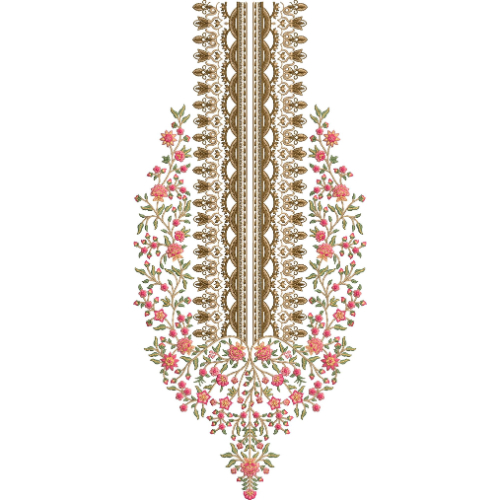 Elegant Floral Vine Neckline Embroidery Design with Ornamental Ethnic Border and Botanical Motifs