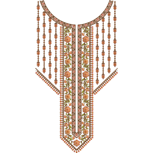 Traditional Round Neck Floral Panel Embroidery Design with Decorative Hanging Bead Tassels