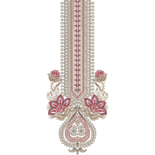 Elegant Floral Pendant Neckline Embroidery Design with Ornamental Borders and Lotus Motifs