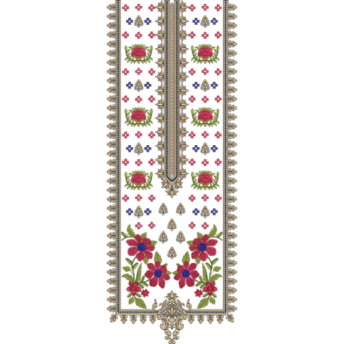 Traditional Floral Panel Neckline Embroidery Design with Decorative Ethnic Border