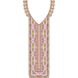 Elegant V-Neck Geometric Floral Neckline Embroidery Design with Scalloped Decorative Border