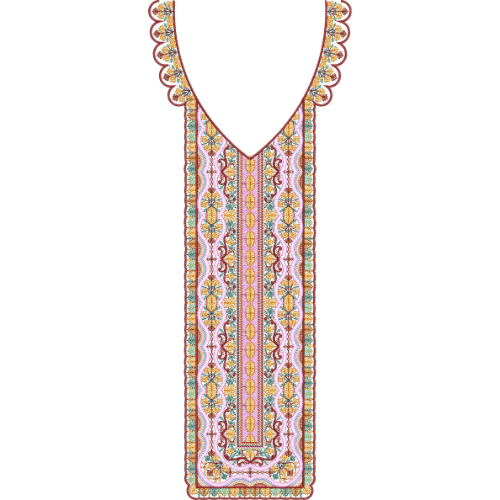 Elegant V-Neck Geometric Floral Neckline Embroidery Design with Scalloped Decorative Border