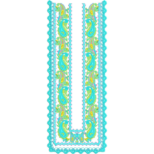 Traditional Paisley U-Shape Neckline Embroidery Design with Decorative Scalloped Border