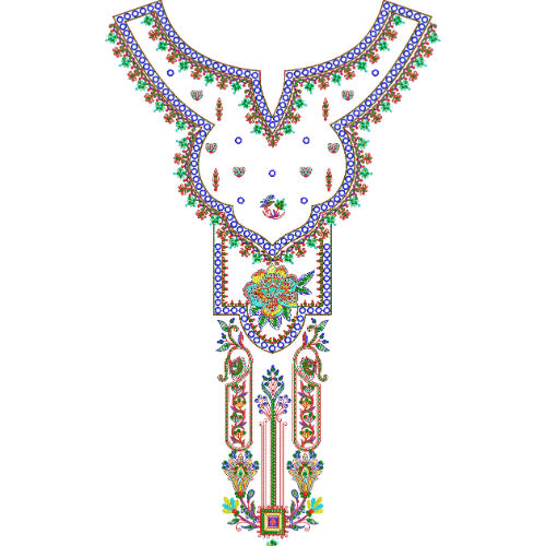 Ornamental Round Yoke Neckline Embroidery Design with Floral Motifs and Decorative Hanging Panel
