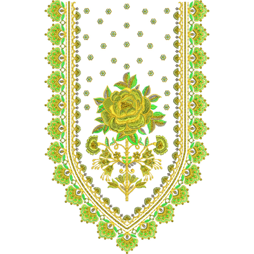 Elegant U-Shaped Floral Neckline Embroidery Design with Rose Motif and Ornamental Lace Border