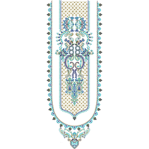 Elegant Ornamental Floral U-Shape Neckline Embroidery Design with Decorative Border
