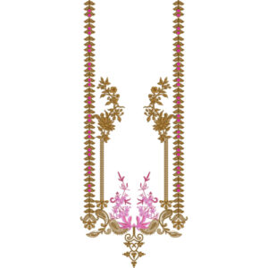 Elegant Floral Vine U-Shape Neckline Embroidery Design with Decorative Geometric Borders