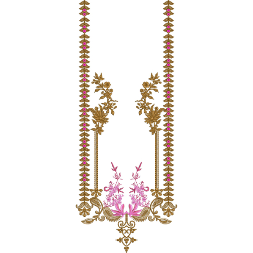 Elegant Floral Vine U-Shape Neckline Embroidery Design with Decorative Geometric Borders
