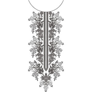 Elegant Monochrome Floral Vine Neckline Embroidery Design with Central Ornamental Panel