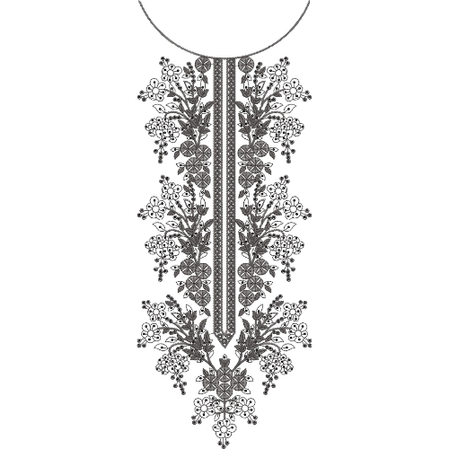Elegant Monochrome Floral Vine Neckline Embroidery Design with Central Ornamental Panel