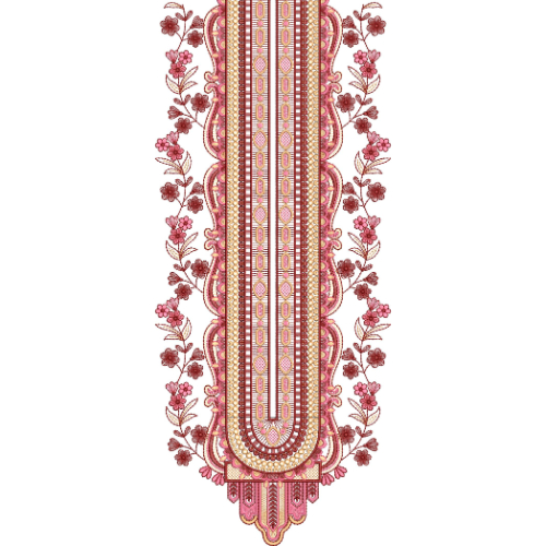 Elegant Floral Vine U-Shape Neckline Embroidery Design with Layered Ornamental Borders