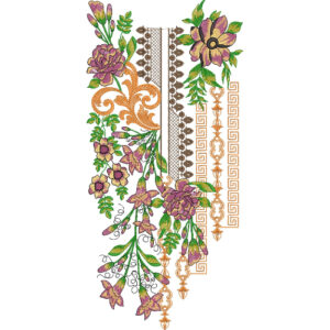 Elegant Floral Vine Neckline Embroidery Design with Decorative Geometric Borders