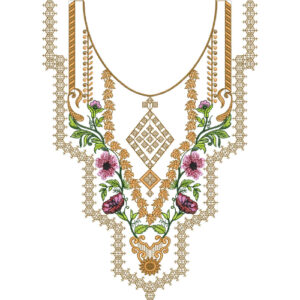 Elegant Floral Peacock Neckline Embroidery Design with Ornamental Diamond Motif