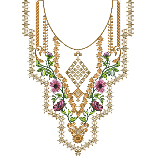 Elegant Floral Peacock Neckline Embroidery Design with Ornamental Diamond Motif
