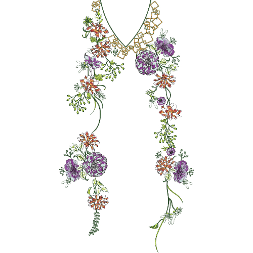 Delicate Floral Vine V-Neckline Embroidery Design with Hanging Botanical Motifs