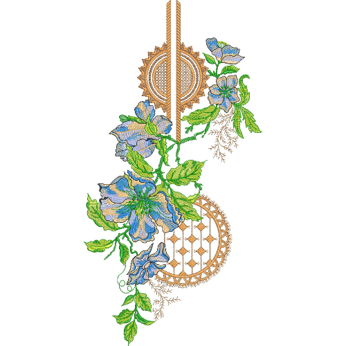 Artistic Floral Geometric Neckline Embroidery Design with Asymmetrical Vine Motifs