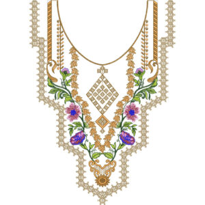 Royal Peacock Floral Neckline Embroidery Design with Ornamental Diamond Motif