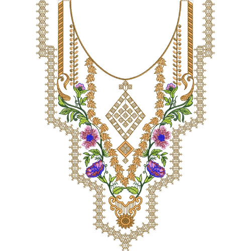 Royal Peacock Floral Neckline Embroidery Design with Ornamental Diamond Motif