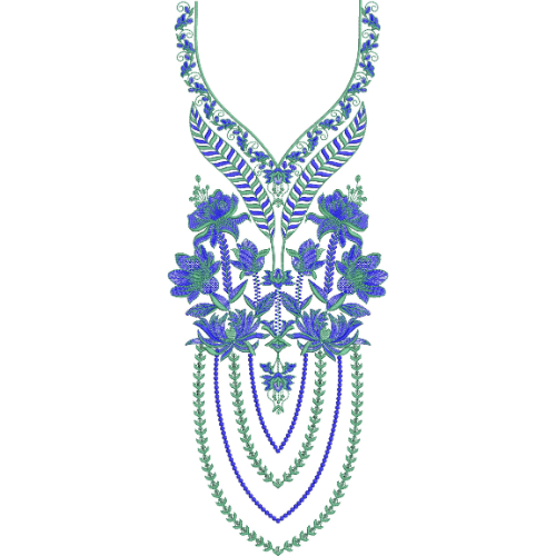 Elegant Floral V-Neckline Embroidery Design with Leafy Vine and Layered Border Motifs