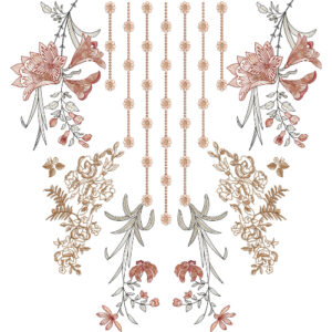 Elegant Floral Hanging Neckline Embroidery Design with Symmetrical Botanical Motifs