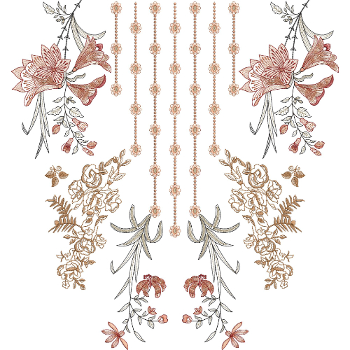 Elegant Floral Hanging Neckline Embroidery Design with Symmetrical Botanical Motifs