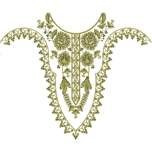 Traditional Floral V-Neckline Embroidery Design with Ornamental Leaf and Border Motifs