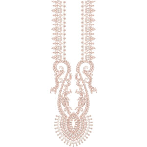 Elegant Paisley Scroll Neckline Embroidery Design with Ornamental Pendant Motif