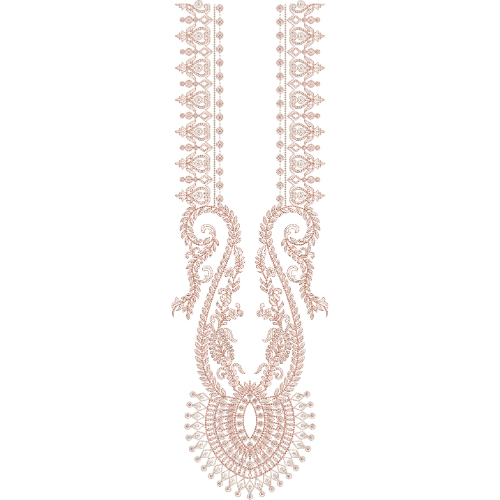 Elegant Paisley Scroll Neckline Embroidery Design with Ornamental Pendant Motif