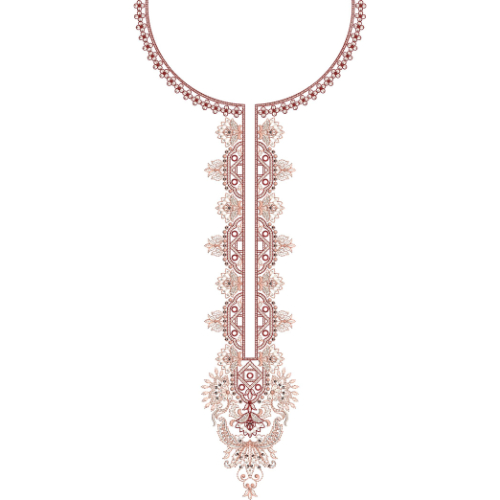 Elegant Round Neckline Embroidery Design with Ornamental Vertical Panel and Pendant Motif