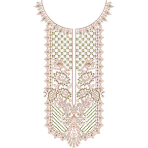 Traditional Floral Round Neckline Embroidery Design with Geometric Panel and Ornamental Motifs