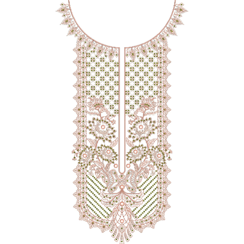 Traditional Floral Round Neckline Embroidery Design with Geometric Panel and Ornamental Motifs