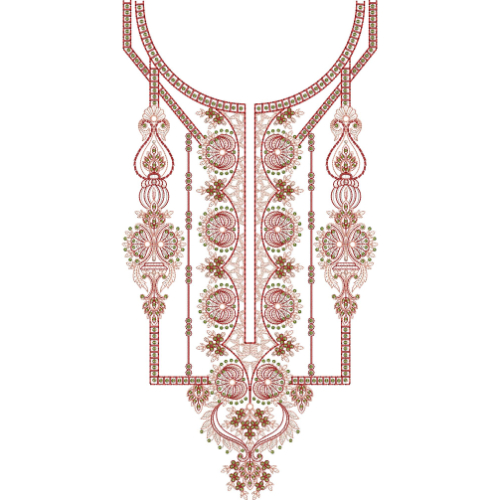Ornamental Round Neckline Embroidery Design with Hanging Medallion Motifs