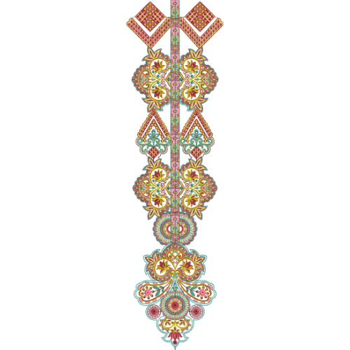 Vibrant Geometric Floral Neckline Embroidery Design with Decorative Medallion Motifs