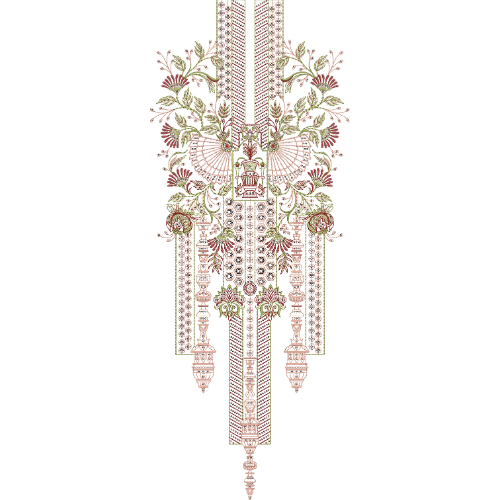 Elegant Floral Ornamental Neckline Embroidery Design with Hanging Decorative Panels