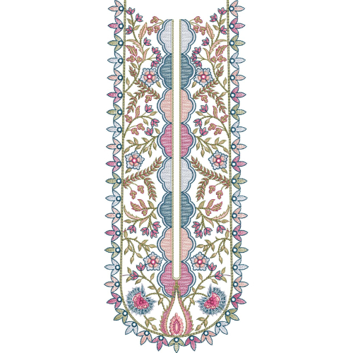 Colorful Floral Panel Neckline Embroidery Design with Decorative Border Motifs