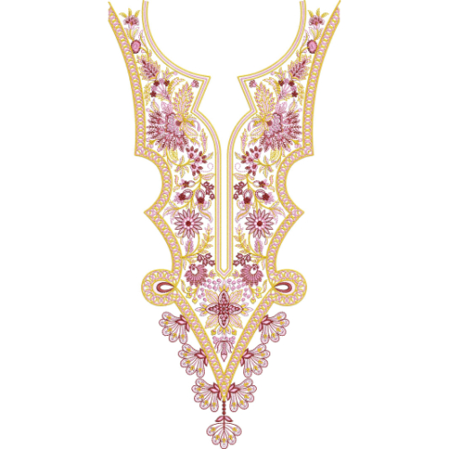 Elegant Floral V-Neckline Embroidery Design with Ornamental Border and Pendant Motif