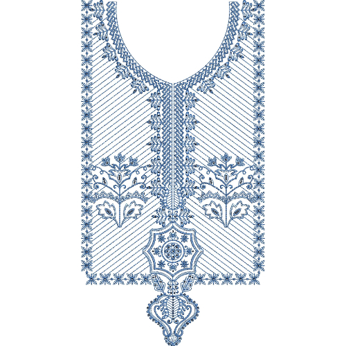 Classic Floral Panel Neckline Embroidery Design with Geometric Border and Pendant Motif