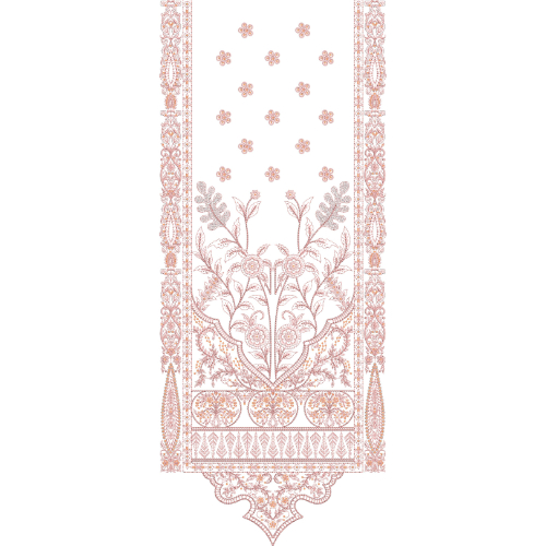 Elegant Floral Panel Neckline Embroidery Design with Ornamental Border and Lace Motifs