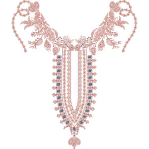 Elegant Floral U-Neckline Embroidery Design with Ornamental Border and Pendant Motif