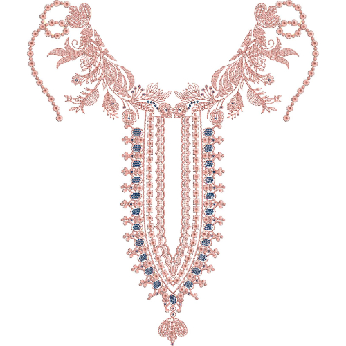 Elegant Floral U-Neckline Embroidery Design with Ornamental Border and Pendant Motif