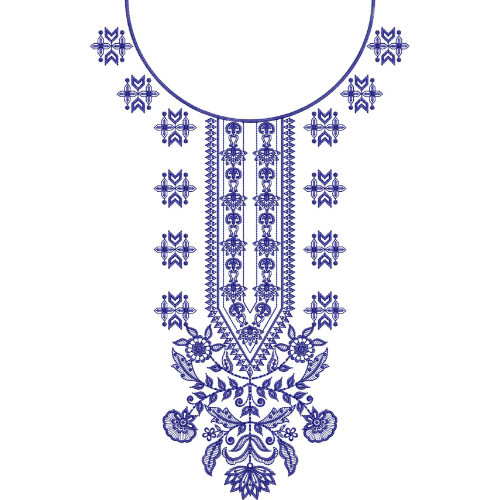 Traditional Round Neckline Embroidery Design with Geometric Floral Motifs and Ornamental Pendant