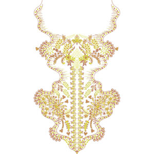 Ornate Floral V-Neckline Embroidery Design with Symmetrical Vine and Leaf Motifs
