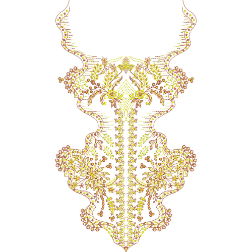 Ornate Floral V-Neckline Embroidery Design with Symmetrical Vine and Leaf Motifs