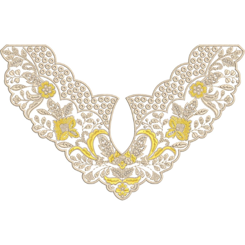 Elegant Floral Lace V-Neckline Embroidery Design with Scalloped Border