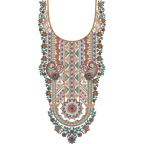 Traditional Floral Geometric U-Neckline Embroidery Design with Ornamental Medallion