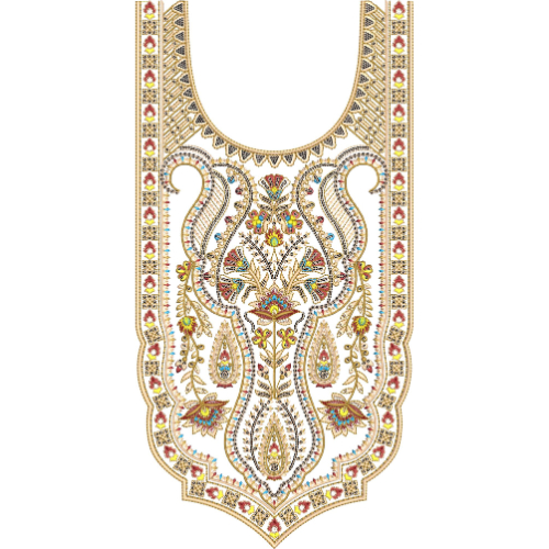 Elegant Paisley Floral U-Neckline Embroidery Design with Ornamental Border