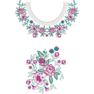 Colorful Floral Round Neckline Embroidery Design with Botanical Motif